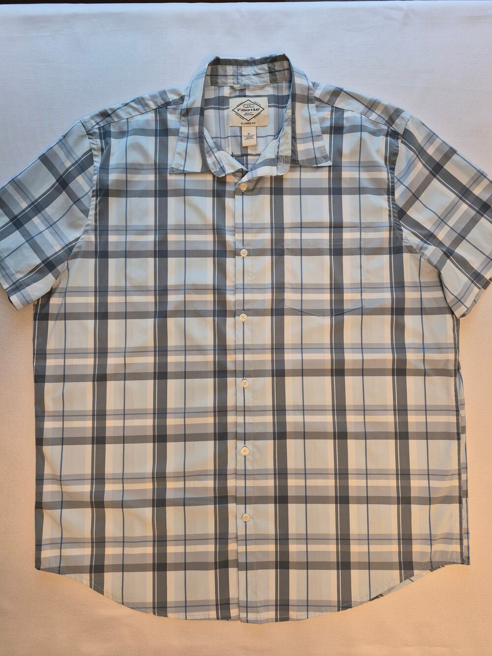 St. John's Bay Men's Plaid Button Front Short Sleeve Shirt XL Blue Classic Fit